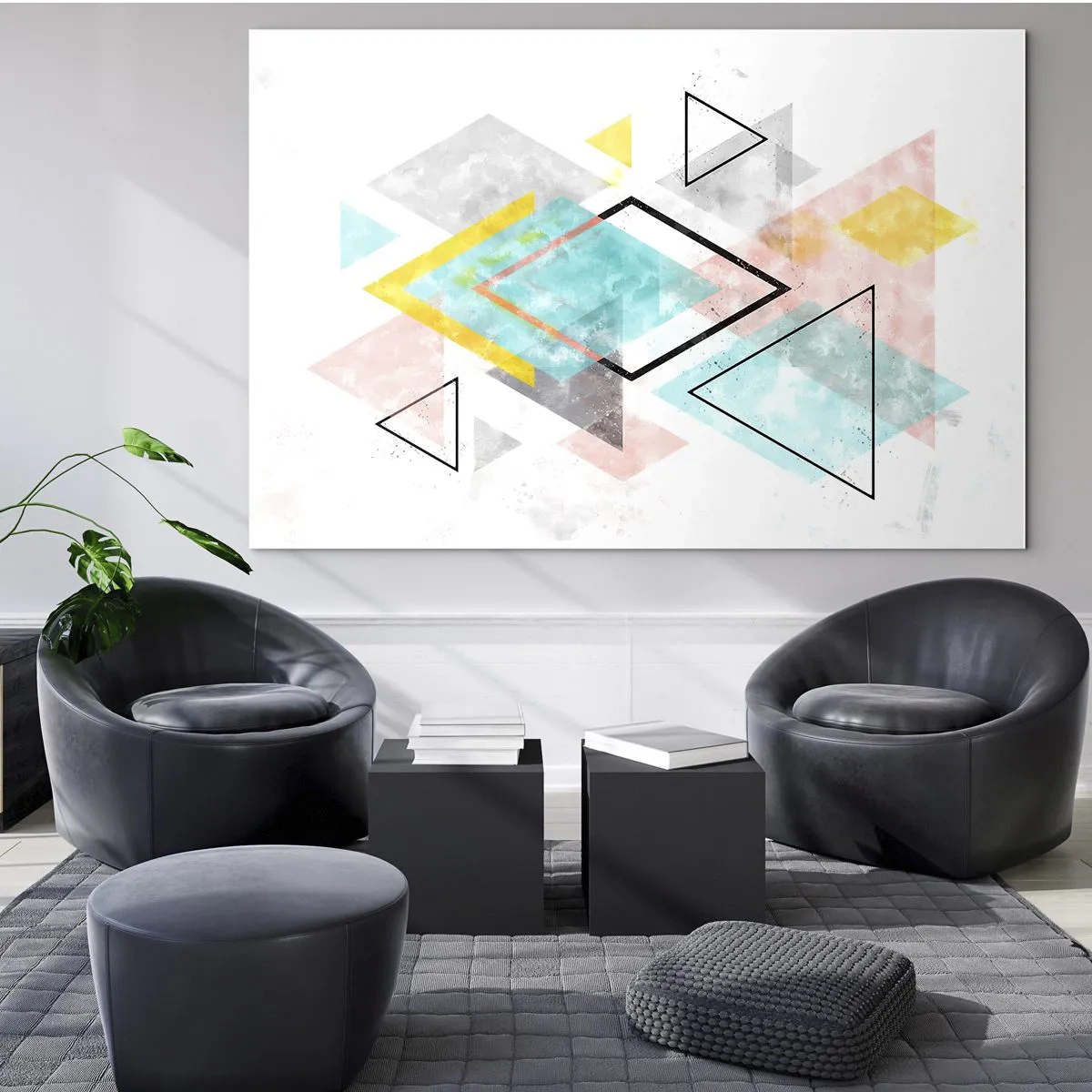 Obraz na szkle - Kolorowe figury geometryczne na białym tle w stylu abstrakcyjnym - 70x50cm - Igraszka geometryczna - Nowoczesna dekoracja ścienna do salonu i sypialni ARTTOR