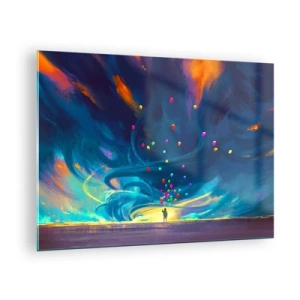 Obraz na szkle - Osoba trzymająca kolorowe balony na tle niebieskiego wiatru - 70x50cm - Na niebieski wiatr - Nowoczesna dekoracja ścienna do salonu i sypialni ARTTOR