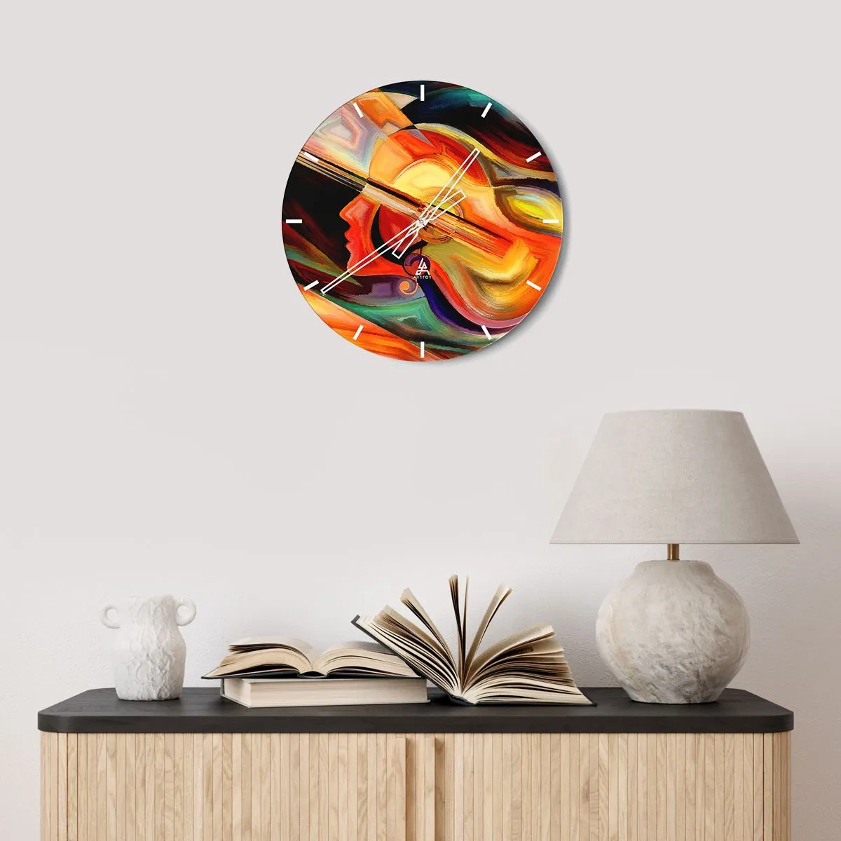 Zegar ścienny - Abstrakcyjny obraz przedstawiający gitarę i twarz w ciepłych barwach - 30x30cm - Wszystko gra - Nowoczesna dekoracja ścienna do salonu, kuchni i sypialni ARTTOR