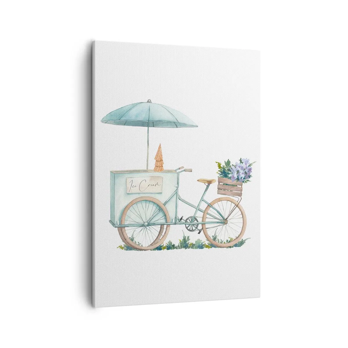 Obraz na płótnie - Akwarelowa ilustracja roweru z lodziarnią i bukietem kwiatów - 50x70cm - Słodkie wspomnienie lata - Nowoczesna dekoracja ścienna do salonu, kuchni i sypialni ARTTOR