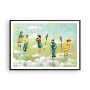 Plakat w czarnej ramie - Postacie wspinające się po drabinach wśród chmur na pastelowym tle - 100x70cm - Za swoim marzeniem - Nowoczesna dekoracja ścienna do salonu i sypialni ARTTOR