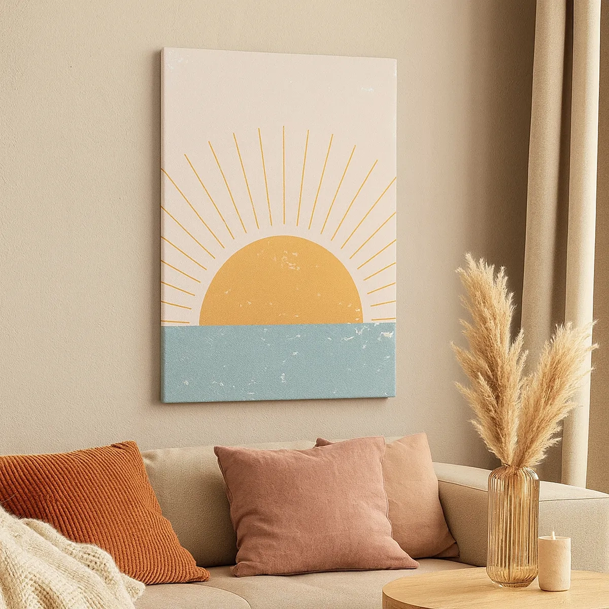 Obraz na płótnie - Minimalistyczna grafika przedstawiająca wschód słońca nad linią horyzontu - 50x70cm - Codzienny cud - Nowoczesna dekoracja ścienna do salonu, kuchni i sypialni ARTTOR