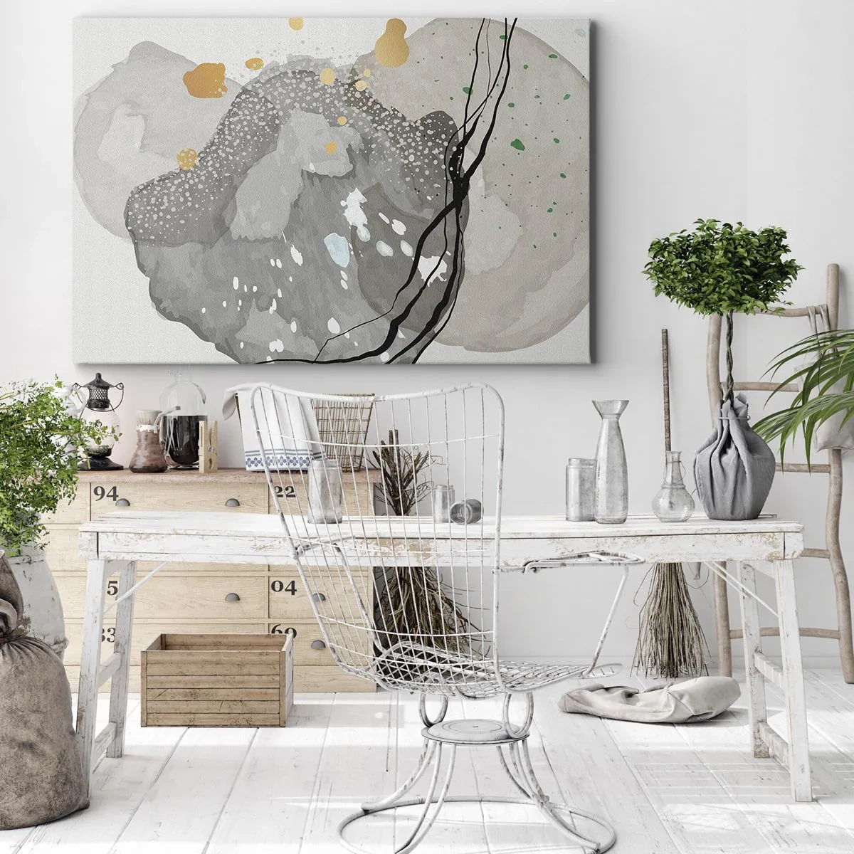 Obraz na płótnie - Organiczne kształty w szarościach z akcentami czerni i złota - 120x80cm - Kompozycja organiczna - Nowoczesna dekoracja ścienna do salonu, kuchni i sypialni ARTTOR