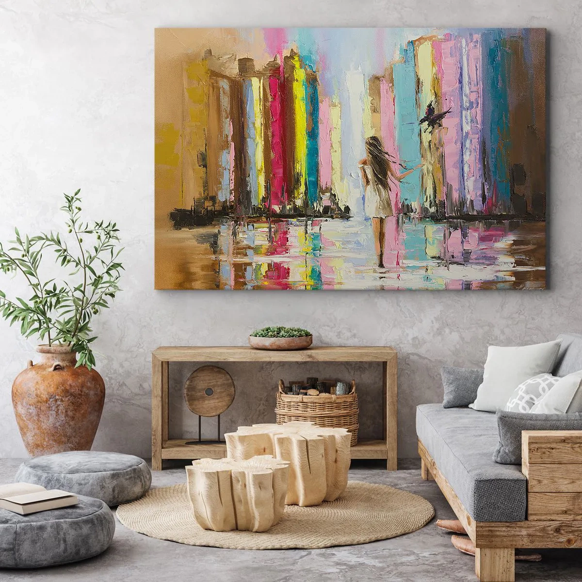Obraz na płótnie - Kolorowe miasto i kobieta w białej sukni z ptakiem - 70x50cm - Idż za mną - Nowoczesna dekoracja ścienna do salonu i sypialni ARTTOR
