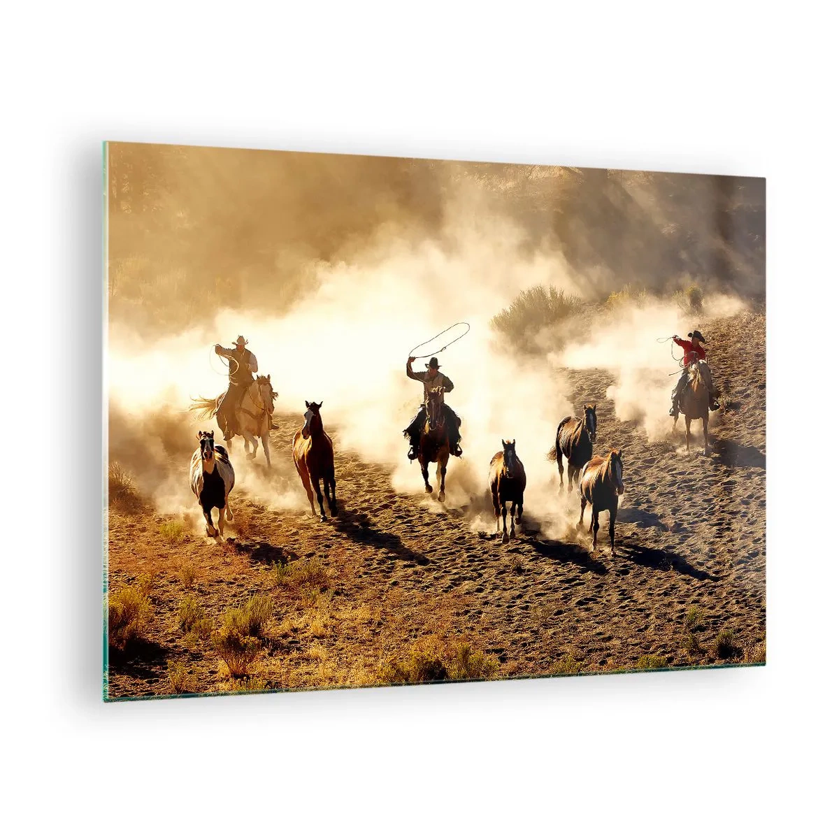 Obraz na szkle - Kowboje na koniach w kurzu podczas rodeo - 70x50cm - Naprawdę dziki zachód - Nowoczesna dekoracja ścienna do salonu i sypialni ARTTOR