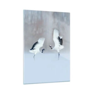 Obraz na szkle - Tańczące żurawie na tle zimowego krajobrazu - 50x70cm - Taniec we mgle - Nowoczesna dekoracja ścienna do salonu, kuchni i sypialni ARTTOR