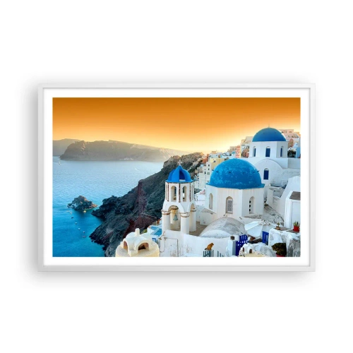 Plakat w białej ramie - Santorini - przytulone do skał - 91x61 cm