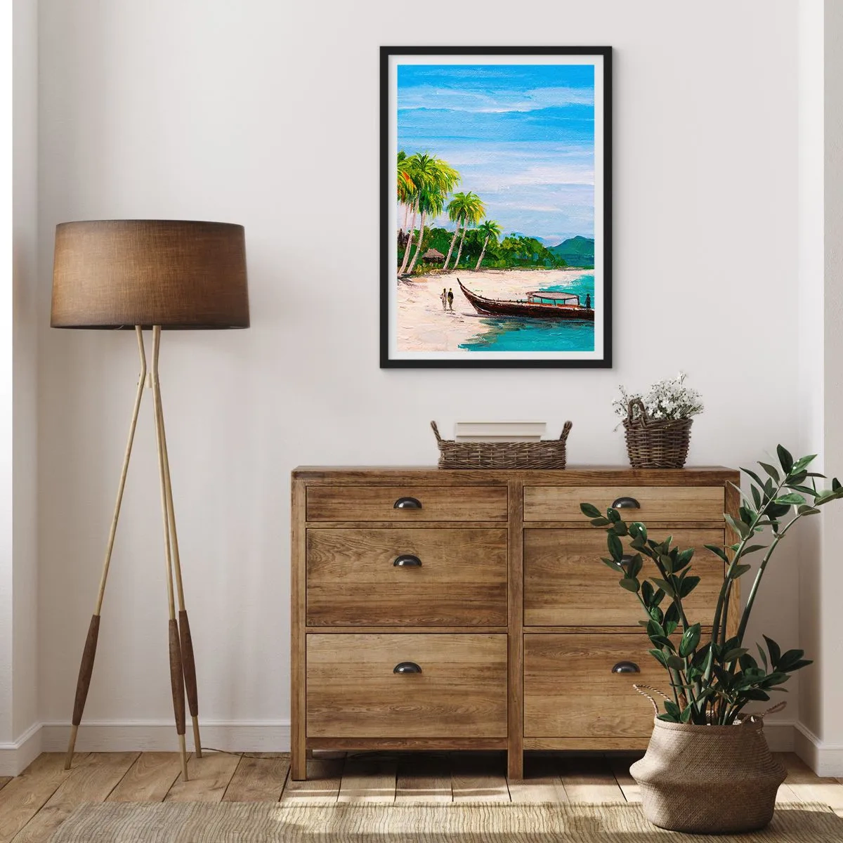 Plakat w czarnej ramie - Tropikalna plaża z palmami i łodzią na brzegu - 50x70cm - Egzotyczny sen - Nowoczesna dekoracja ścienna do salonu i sypialni ARTTOR