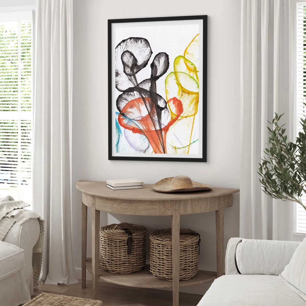 Plakat w czarnej ramie - Kolorowe liście w artystycznej transparentnej kompozycji - 50x70cm - Kwiaty z duszą - Nowoczesna dekoracja ścienna do salonu i sypialni ARTTOR