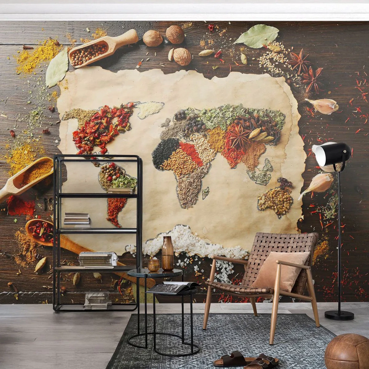 Fototapeta Premium Canvas - Wszystkie smaki świata - Gastronomia, Mapa Świata, Suszone Przyprawy - 250x175 cm