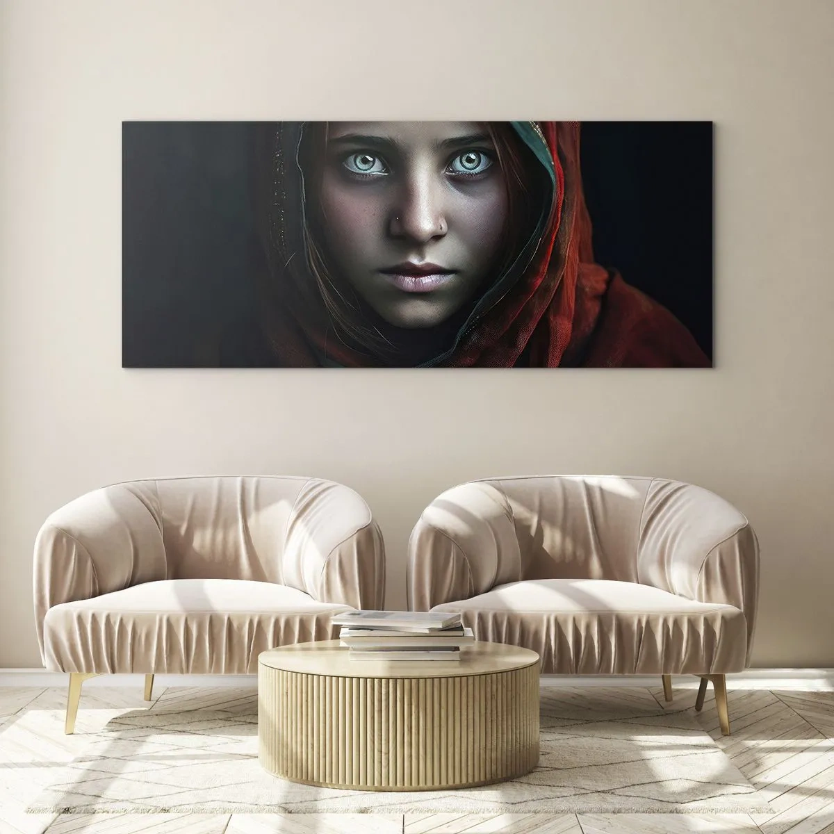 Obraz na szkle - Portret kobiety z intensywnym spojrzeniem w ciepłych barwach - 140x50cm - Wschodnia księżniczka - Nowoczesna dekoracja ścienna do salonu i sypialni ARTTOR