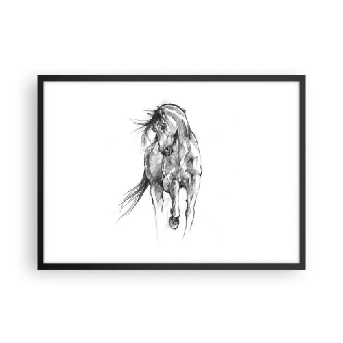 Plakat w czarnej ramie - Szkic galopującego konia w czerni i bieli - 70x50cm - We wdzięcznym kłusie - Nowoczesna dekoracja ścienna do salonu i sypialni ARTTOR