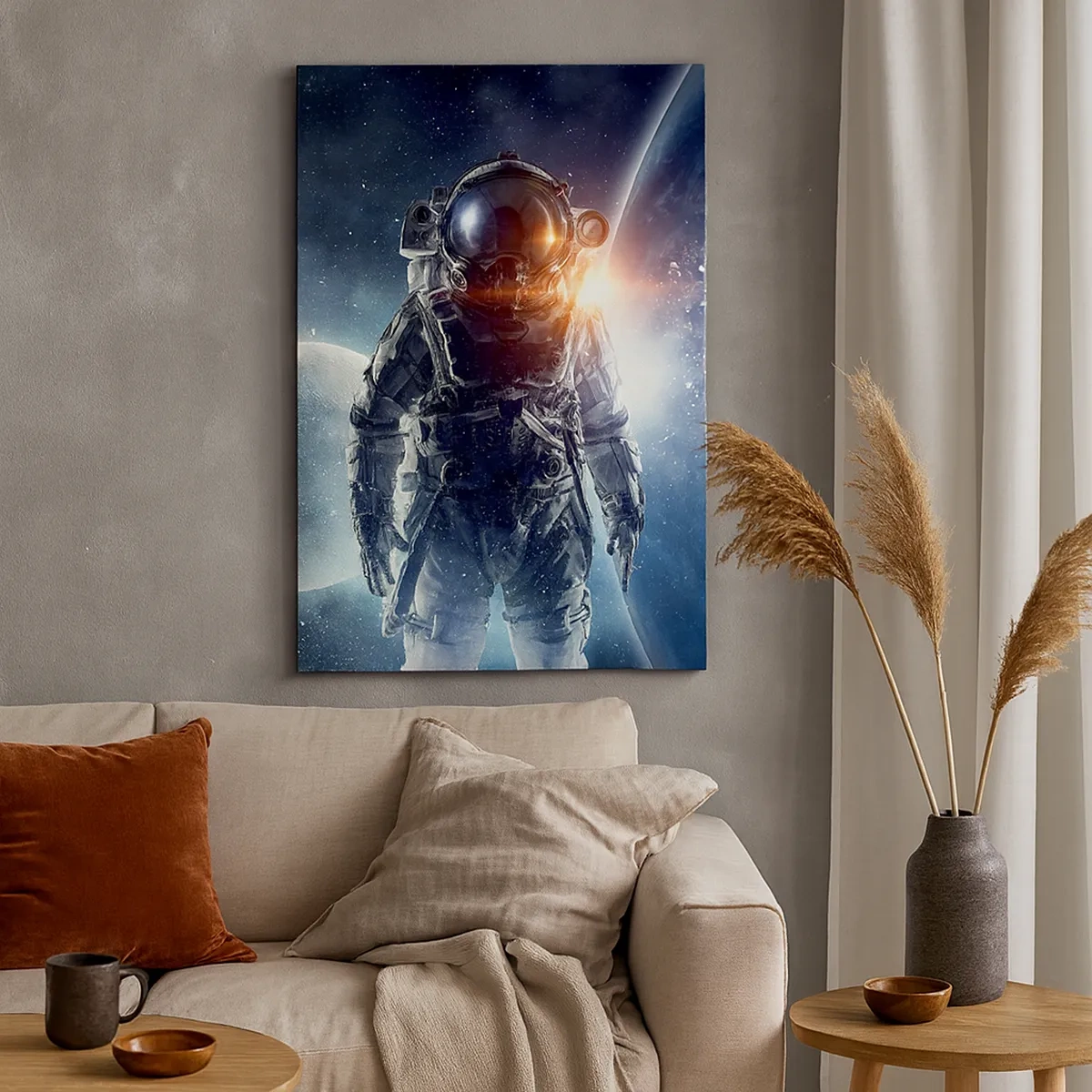 Obraz na płótnie - Astronauta w przestrzeni kosmicznej z planetą i gwiazdami w tle - 50x70cm - Kosmiczna przygoda - Nowoczesna dekoracja ścienna do salonu, kuchni i sypialni ARTTOR
