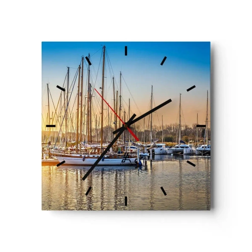 Zegar ścienny - Zachód słońca nad mariną pełną żaglówek - 30x30cm - Wiatr też musi spać - Nowoczesna dekoracja ścienna do salonu i sypialni ARTTOR