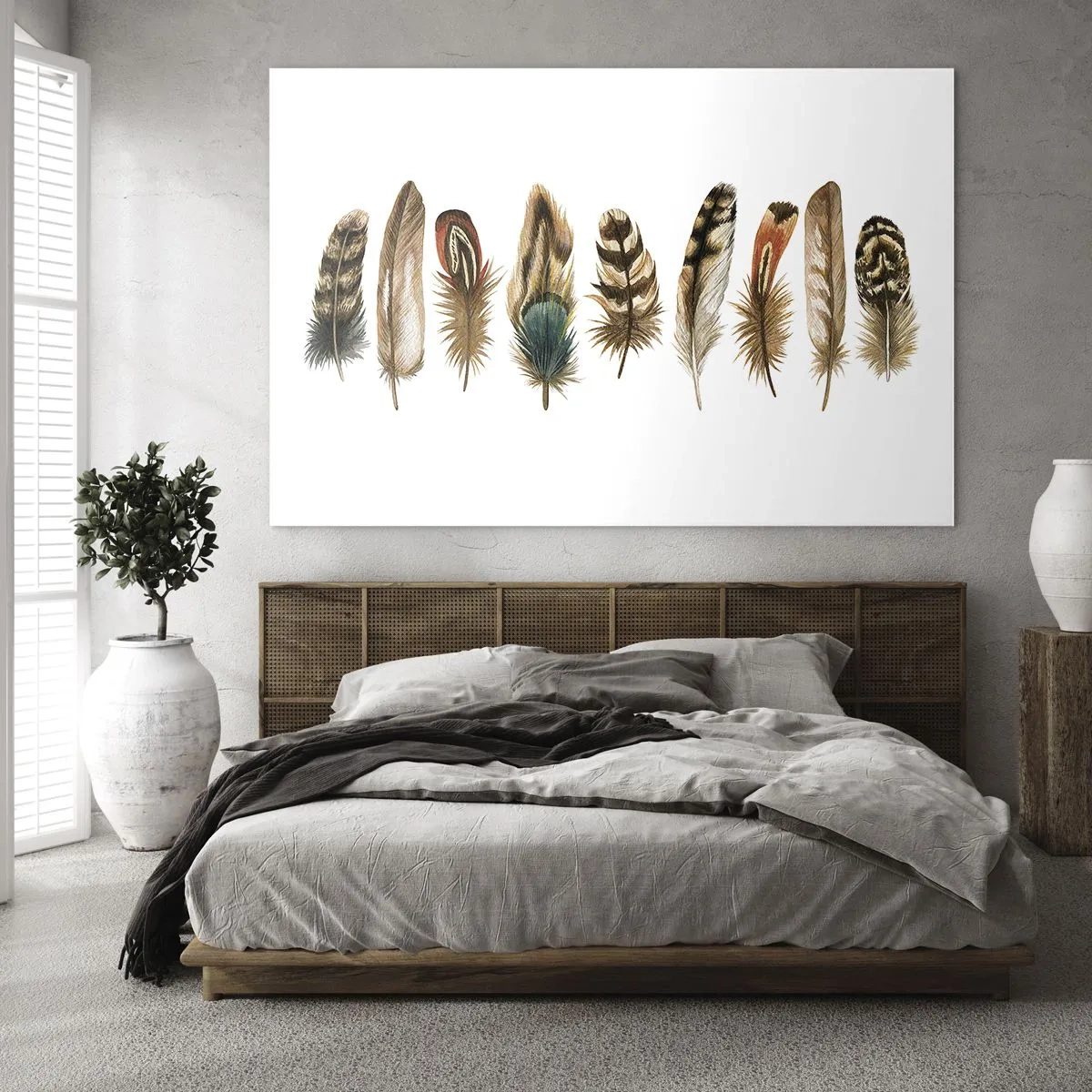 Obraz na szkle - Kompozycja kolorowych piór na białym tle - 70x50cm - Pierzasta wariacja - Nowoczesna dekoracja ścienna do salonu i sypialni ARTTOR