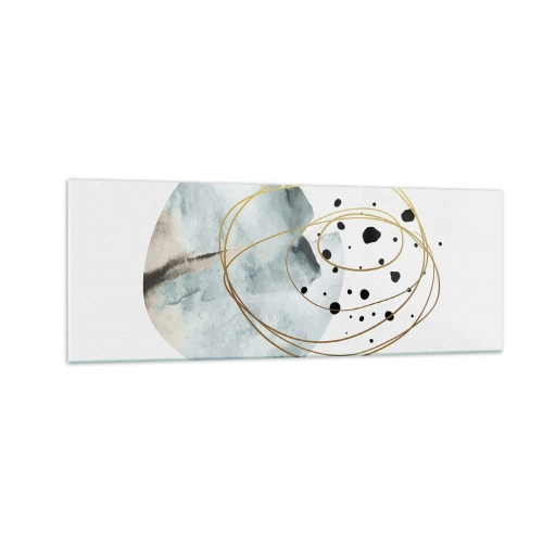 Obraz na szkle - Minimalistyczna abstrakcja z geometrycznym wzorem i złotymi liniami - 140x50cm - W objęciach przestrzeni - Nowoczesna dekoracja ścienna do salonu i sypialni ARTTOR