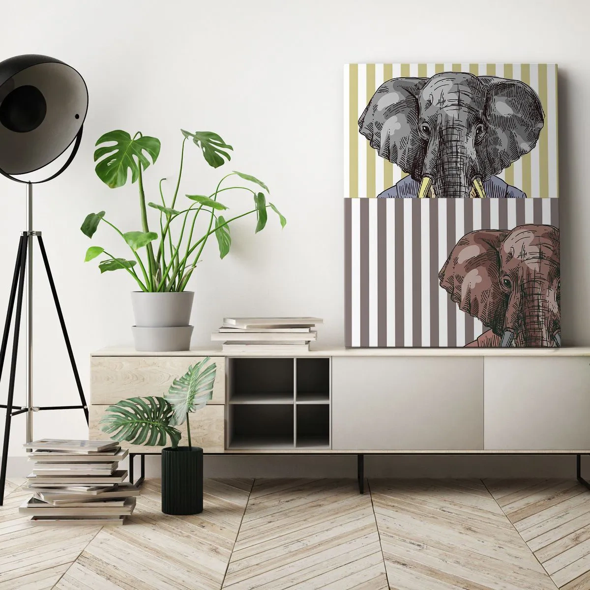 Obraz na płótnie - Artystyczne portrety słonia na tle pionowych pasów - 50x70cm - Elegancki z natury - Nowoczesna dekoracja ścienna do salonu, kuchni i sypialni ARTTOR