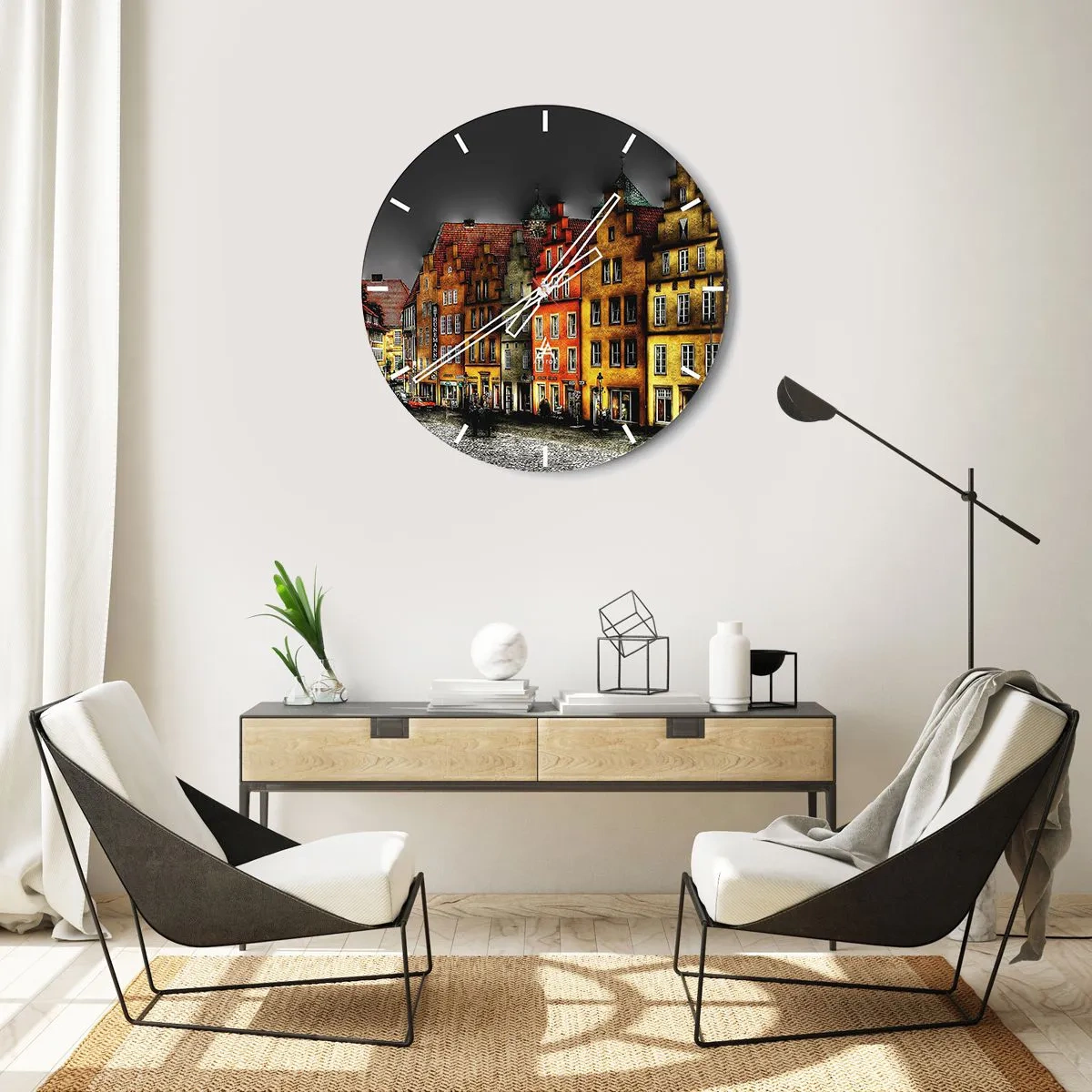 Zegar ścienny - Kolorowe kamienice na tle ciemnego nieba - 30x30cm - Brakuje tylko zaczarowanej dorożki - Nowoczesna dekoracja ścienna do salonu, kuchni i sypialni ARTTOR