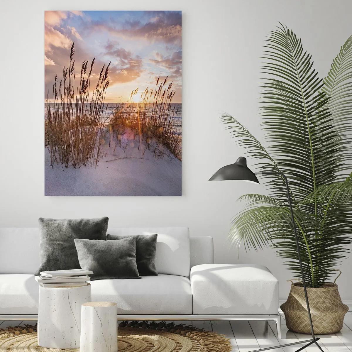 Obraz na szkle - Zachód słońca nad morzem widziany przez nadmorskie trawy - 50x70cm - Pożegnanie słońca i wiatru - Nowoczesna dekoracja ścienna do salonu, kuchni i sypialni ARTTOR