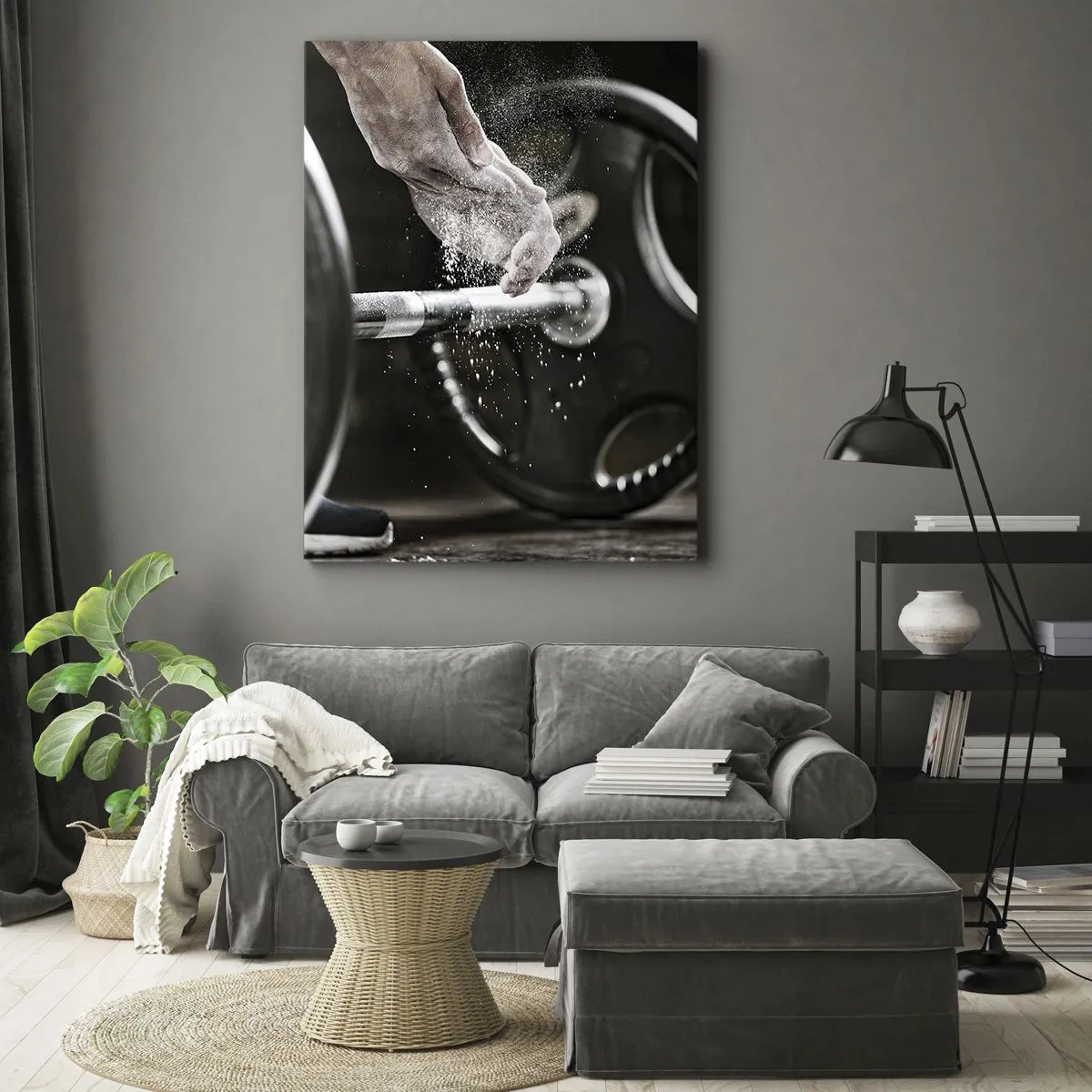 Obraz na płótnie - Hantle i ręce sportowca przygotowujące się do treningu - 80x120cm - Wyzwanie podjęte! - Nowoczesna dekoracja ścienna do salonu i sypialni ARTTOR