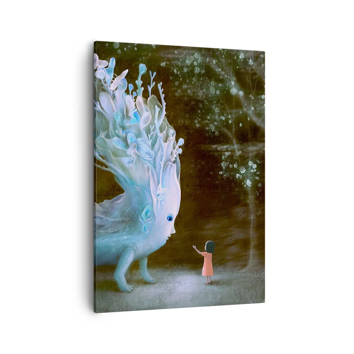 Obraz na płótnie - Dziewczynka spotykająca fantastyczne stworzenie w lesie - 50x70cm - Fantastyczne spotkanie - Nowoczesna dekoracja ścienna do salonu, kuchni i sypialni ARTTOR