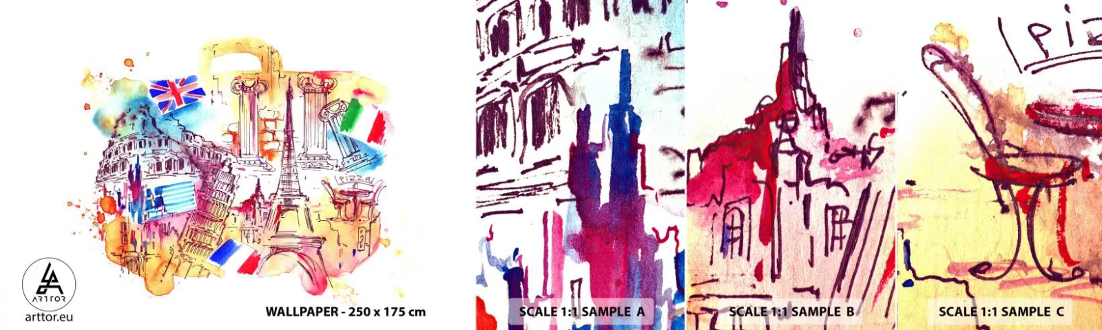 Fototapeta Próbka Samoprzylepna Deluxe Sticker - Europejskie tourne - Abstrakcja, Podróże, Walizka - 100x30 cm