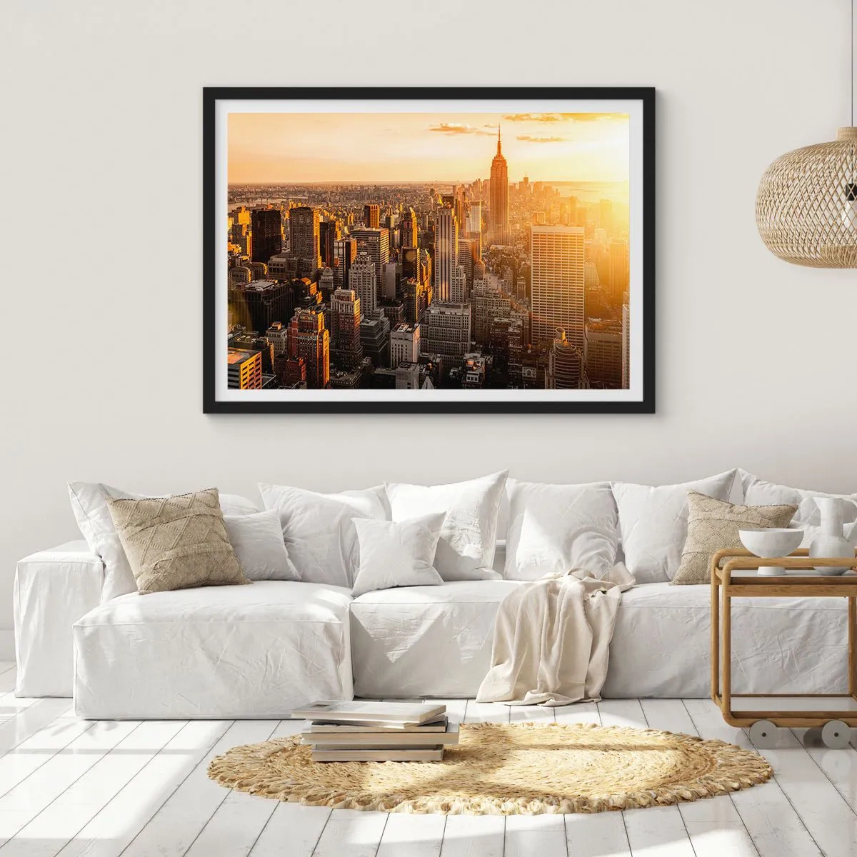 Plakat w czarnej ramie - Panorama Nowego Jorku o zachodzie słońca z widokiem na Empire State Building - 70x50cm - Rosnąc w słońcu - Nowoczesna dekoracja ścienna do salonu i sypialni ARTTOR