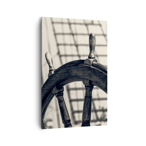 Obraz na płótnie - Ster żeglarski w stylu retro na tle statku - 80x120cm - Morskie opowieści - Nowoczesna dekoracja ścienna do salonu i sypialni ARTTOR