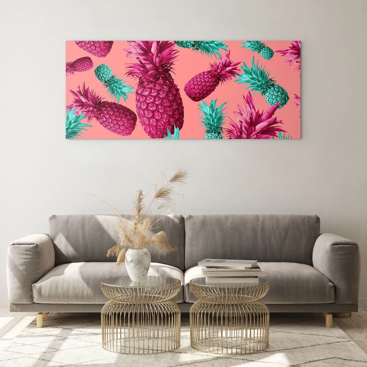 Obraz na szkle - Egzotyczne ananasy w różowo-turkusowej kolorystyce - 120x50cm - Wolność jest słodka - Nowoczesna dekoracja ścienna do salonu i sypialni ARTTOR