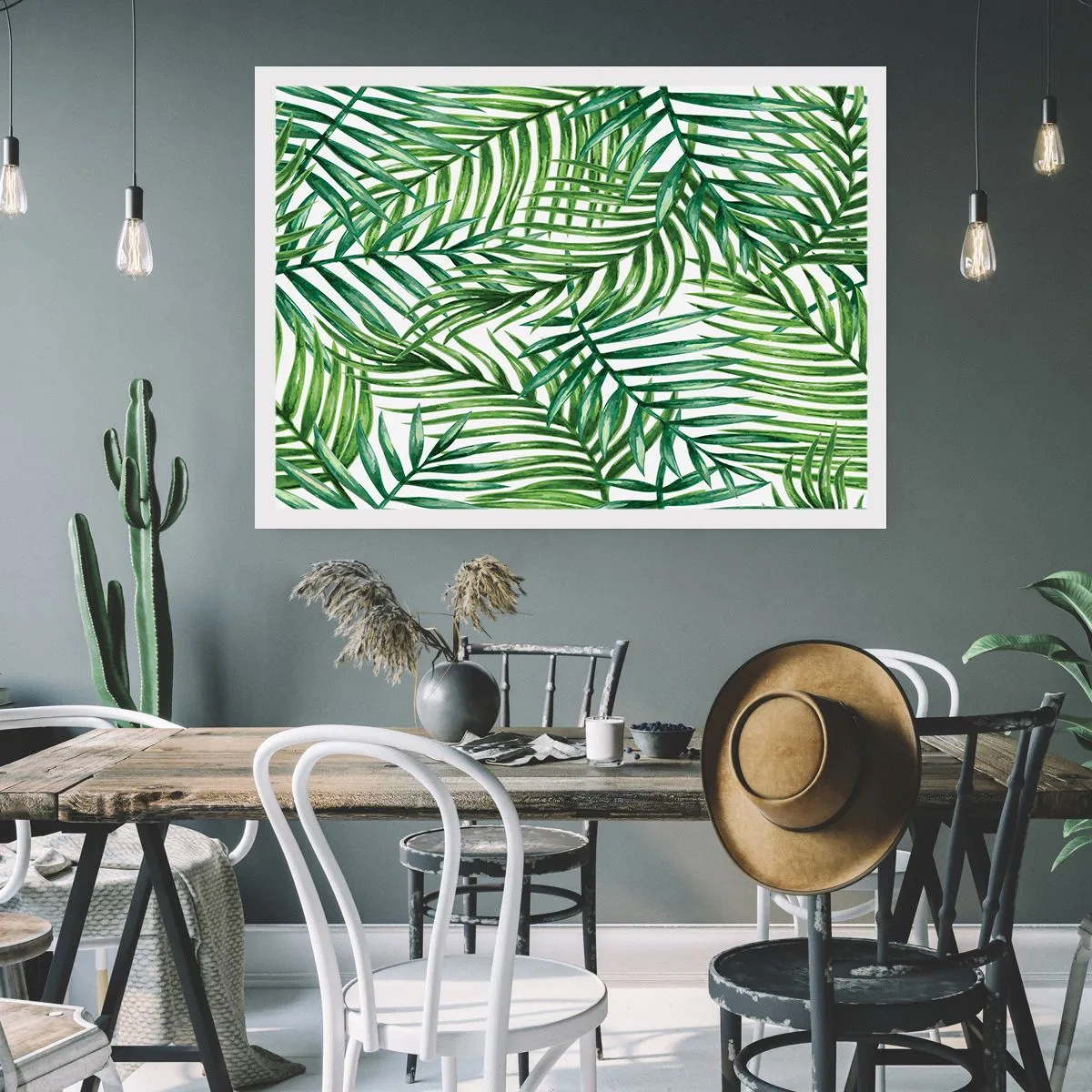 Plakat - Zielone liście tropikalnych palm na jasnym tle - 100x70cm - Pod zielonym baldachimem - Nowoczesna dekoracja ścienna do salonu i sypialni ARTTOR
