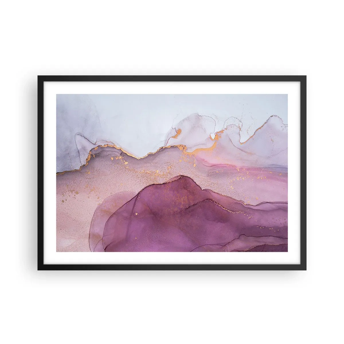 Plakat w czarnej ramie - Abstrakcyjna kompozycja w odcieniach fioletu i złota - 70x50cm - Fale lila i fioletu - Nowoczesna dekoracja ścienna do salonu i sypialni ARTTOR