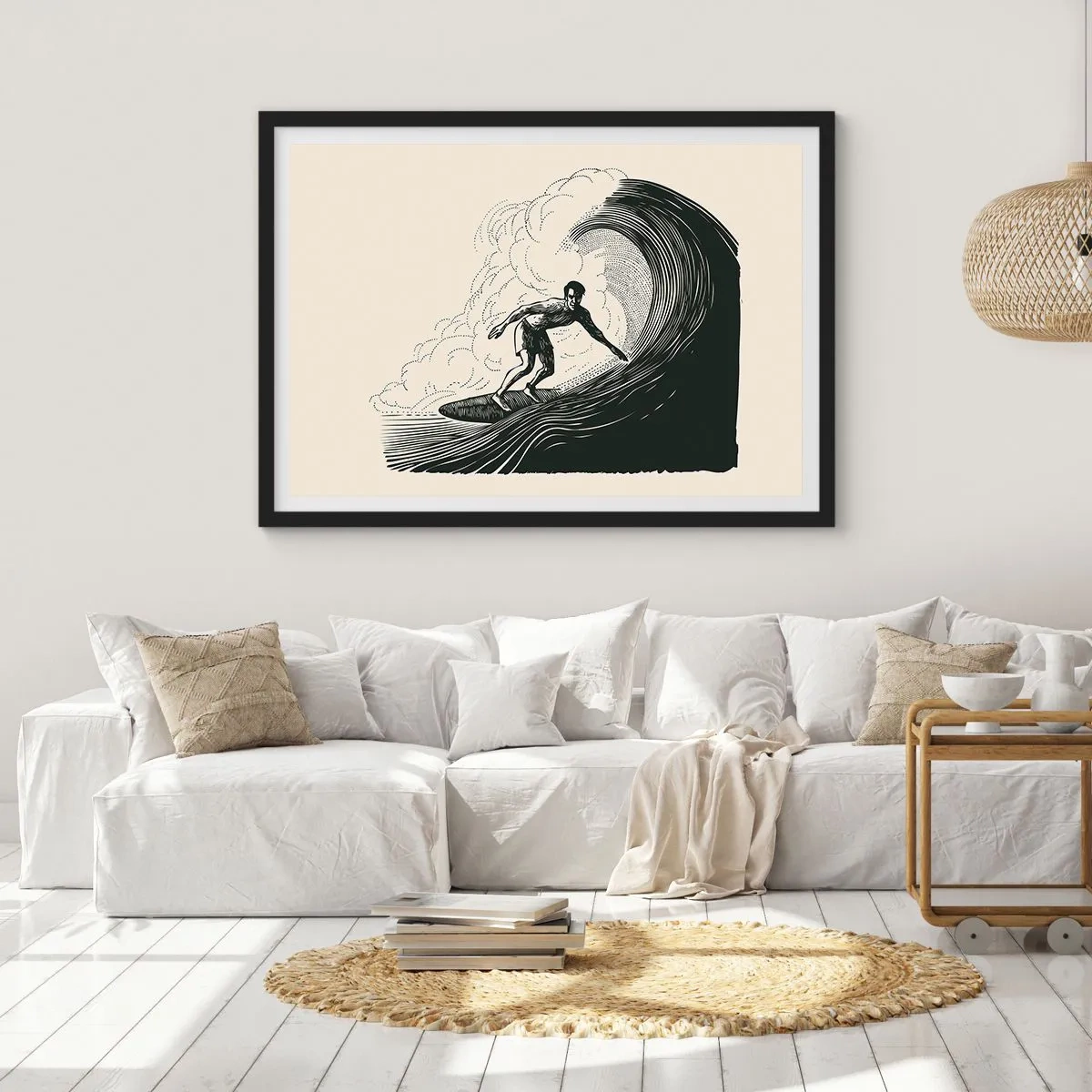 Plakat w czarnej ramie - Czarno-biała grafika surfera na fali - 70x50cm - Król fali - Nowoczesna dekoracja ścienna do salonu i sypialni ARTTOR