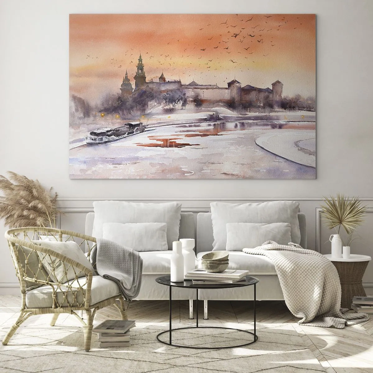 Obraz na szkle - Zachód słońca nad zamkiem królewskim i rzeką zimą - 70x50cm - Królewski zachód słońca - Nowoczesna dekoracja ścienna do salonu i sypialni ARTTOR