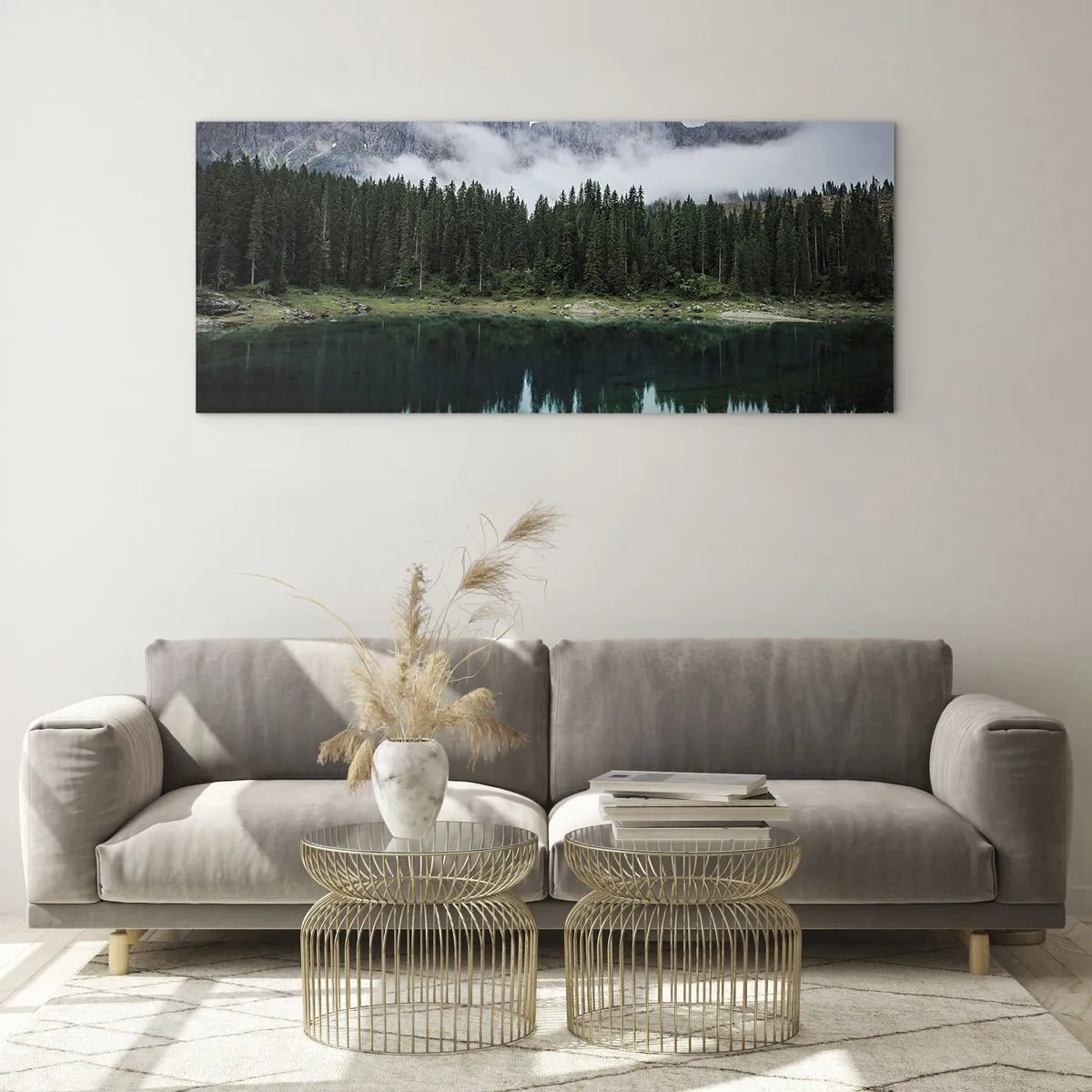 Obraz na szkle - Górski krajobraz z lasem i jeziorem odbijającym niebo - 120x50cm - Cicho, cicho, nie budźmy wody spiącej… - Nowoczesna dekoracja ścienna do salonu i sypialni ARTTOR