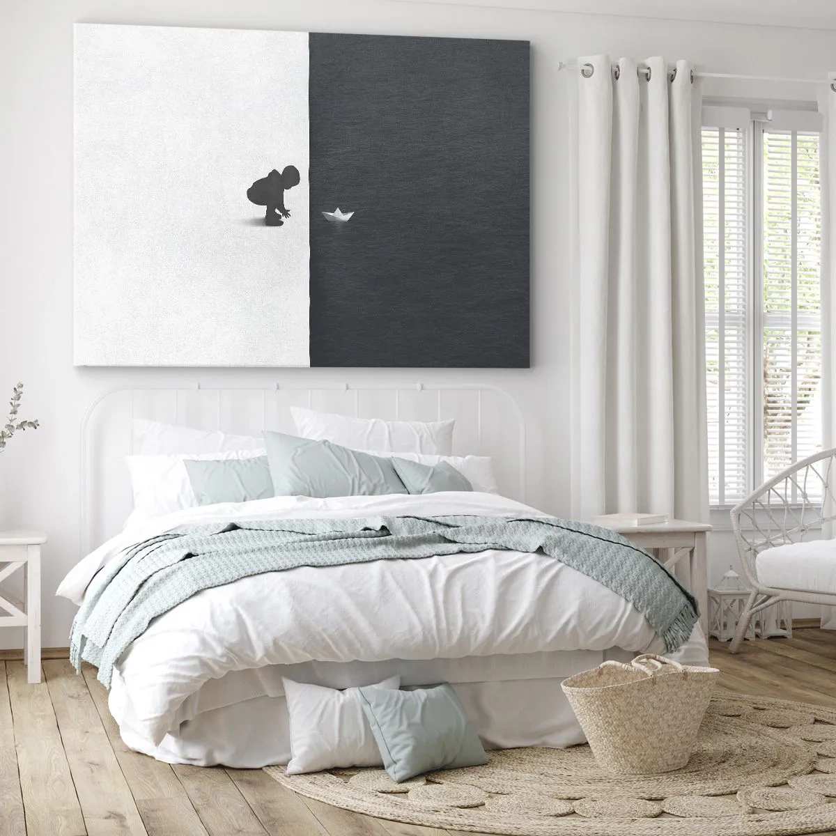 Obraz na płótnie - Postać dziecka z papierową łódką na tle kontrastowych połówek - 120x80cm - Wielka wyprawa - Nowoczesna dekoracja ścienna do salonu, kuchni i sypialni ARTTOR