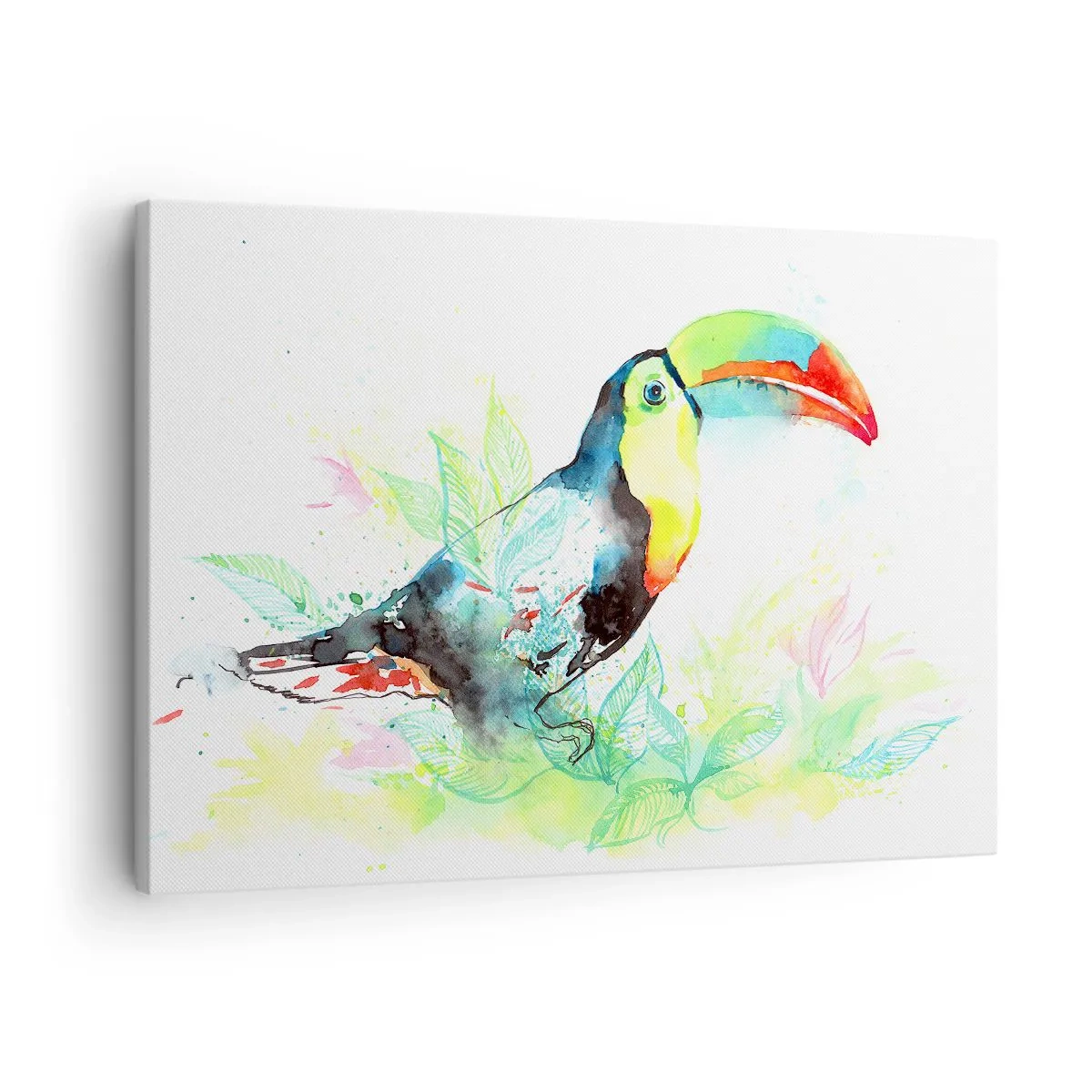 Obraz na płótnie - Akwarelowa ilustracja tukana na tropikalnym tle - 70x50cm - Barwny jak Ameryka Południowa - Nowoczesna dekoracja ścienna do salonu i sypialni ARTTOR