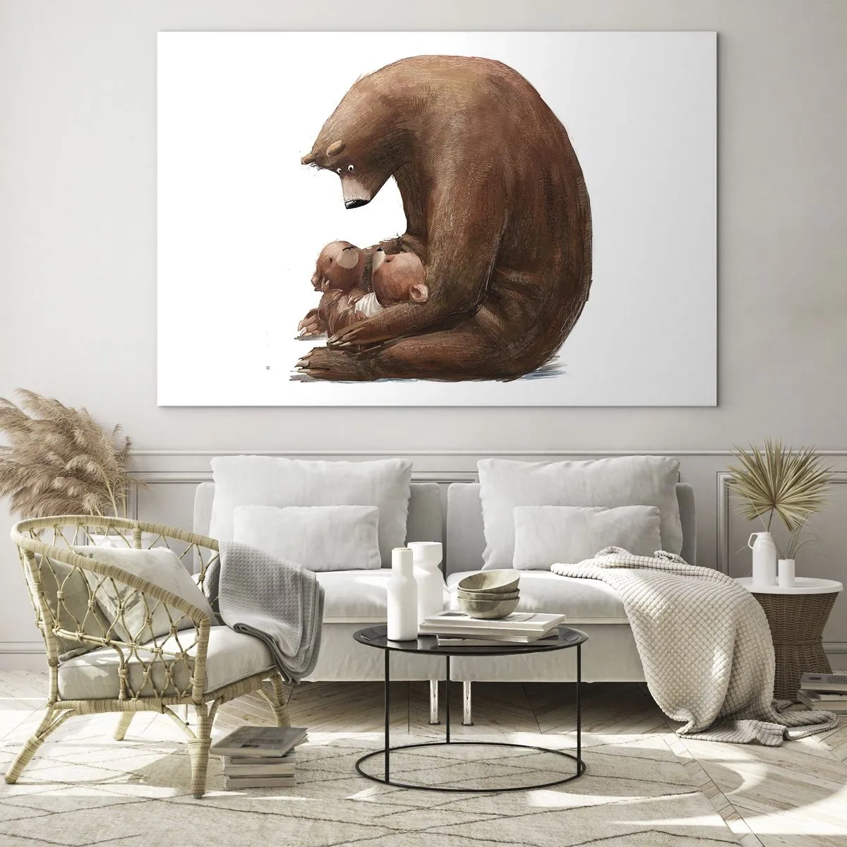 Obraz na szkle - Niedźwiedzica tuląca dwa małe niedźwiadki - 70x50cm - Słodkich snów, dzieciaki - Nowoczesna dekoracja ścienna do salonu i sypialni ARTTOR