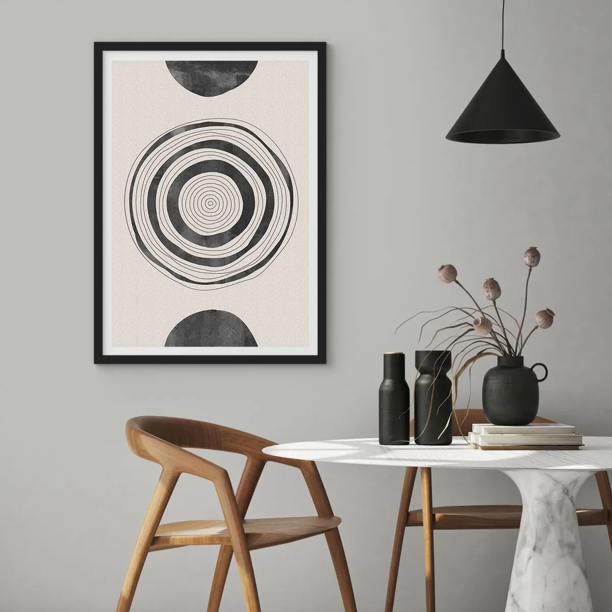 Plakat w czarnej ramie - Minimalistyczna kompozycja geometrycznych okręgów - 50x70cm - Ważne to co pomiędzy - Nowoczesna dekoracja ścienna do salonu i sypialni ARTTOR