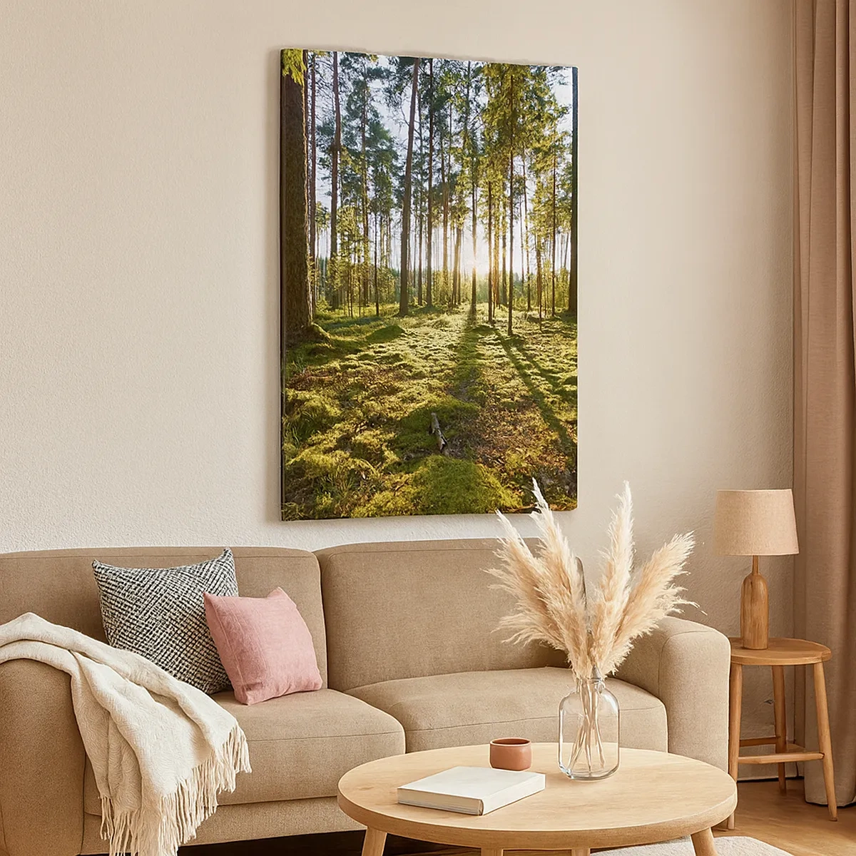 Obraz na płótnie - Las iglasty oświetlony promieniami słońca - 50x70cm - …Za siedmioma lasami - Nowoczesna dekoracja ścienna do salonu, kuchni i sypialni ARTTOR