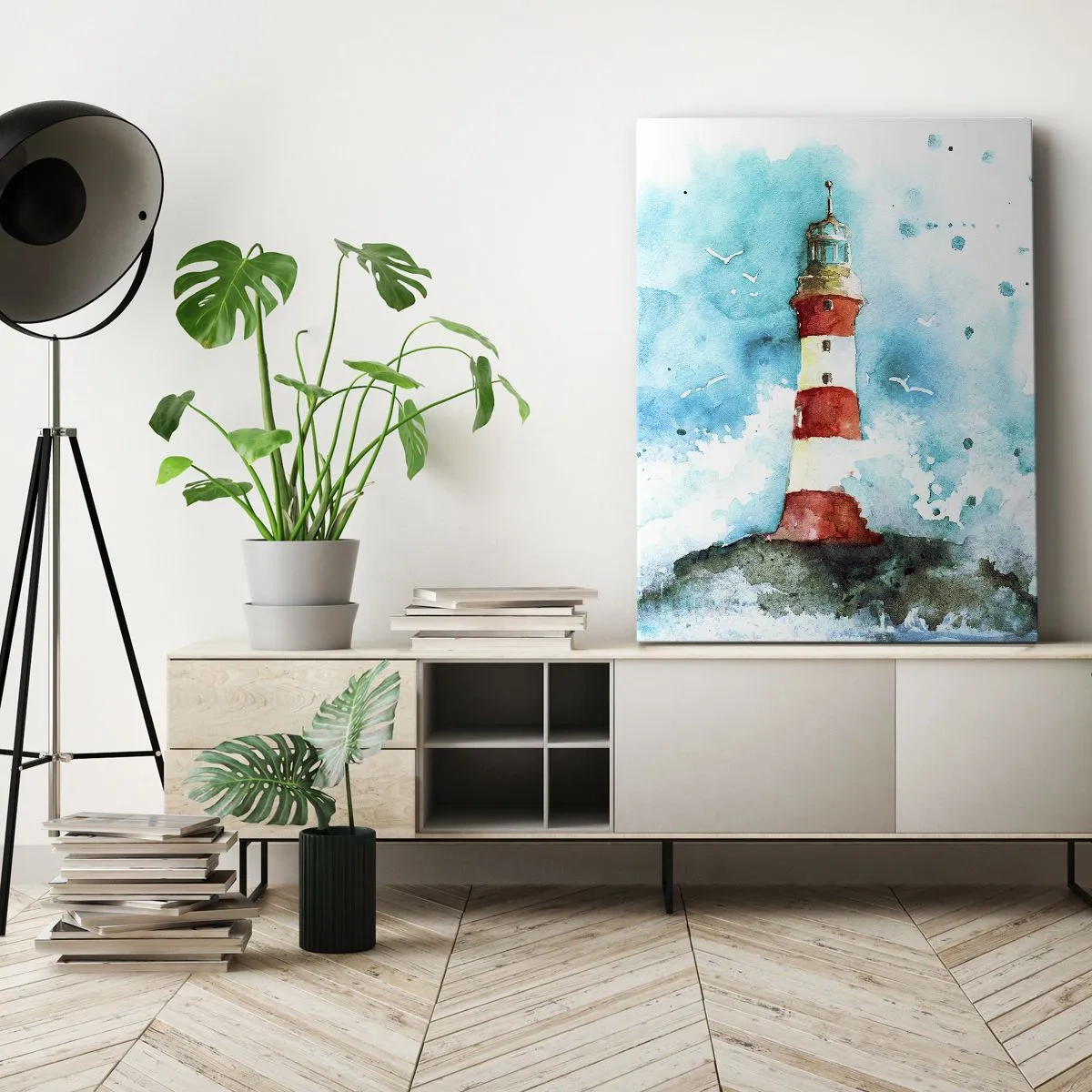 Obraz na płótnie - Latarnia morska w akwarelowym stylu - 50x70cm - Jedność żywiołów - Nowoczesna dekoracja ścienna do salonu, kuchni i sypialni ARTTOR