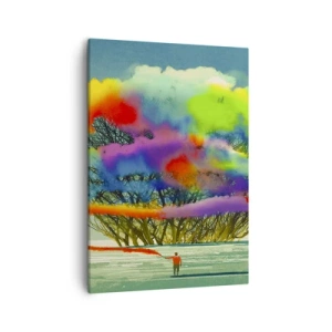 Obraz na płótnie - Postać z kolorowym dymem unoszącym się nad zimowym krajobrazem - 50x70cm - Ożywić ten świat - Nowoczesna dekoracja ścienna do salonu, kuchni i sypialni ARTTOR