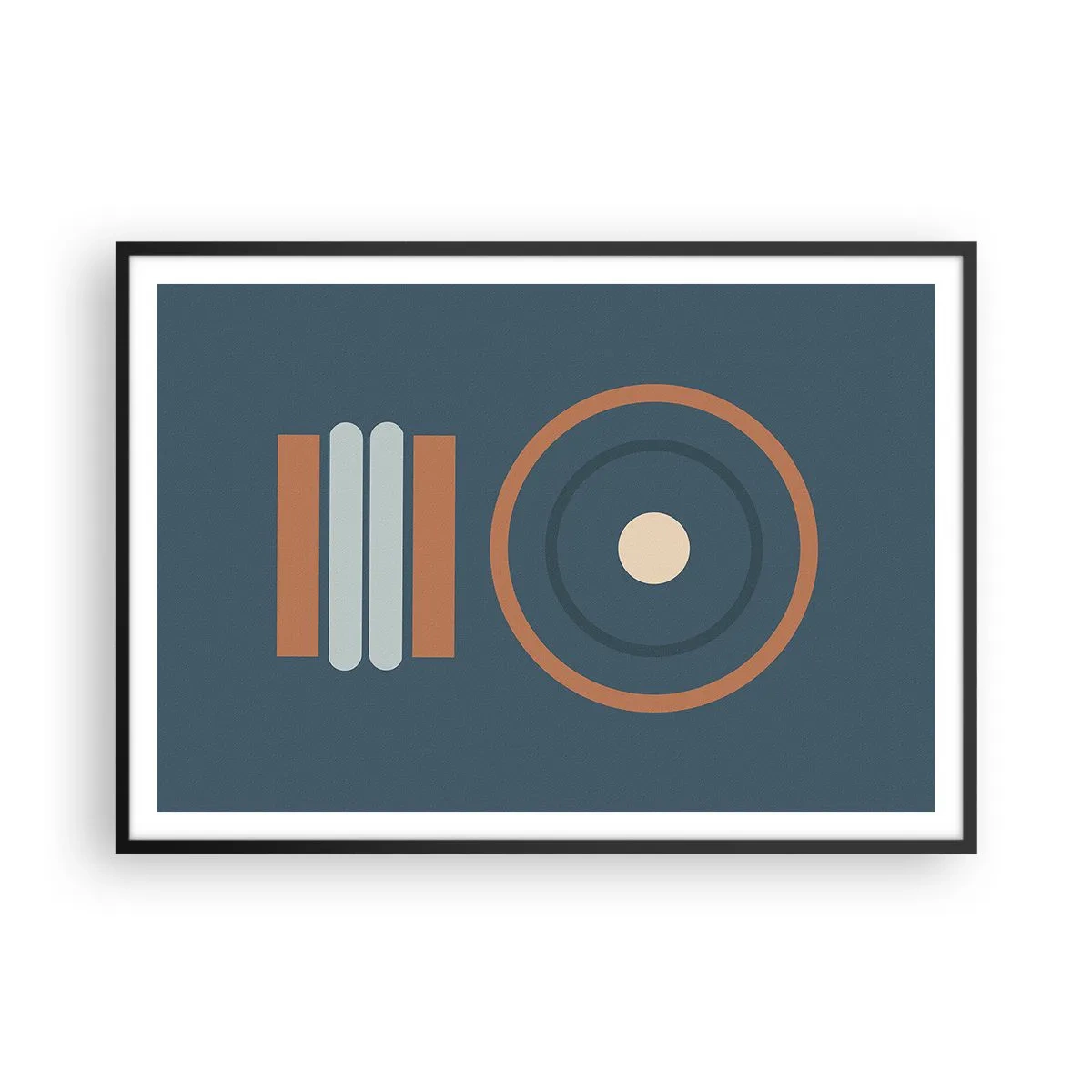 Plakat w czarnej ramie - Geometryczna kompozycja z okręgami i prostokątami w stonowanych barwach - 100x70cm - Istota rzeczy - Nowoczesna dekoracja ścienna do salonu i sypialni ARTTOR