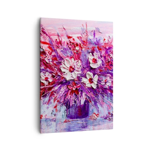 Obraz na płótnie - Bukiet kwiatów w odcieniach fioletu, różu i bieli namalowany techniką impasto - 50x70cm - Niewinność i namiętność - Nowoczesna dekoracja ścienna do salonu, kuchni i sypialni ARTTOR
