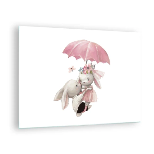 Obraz na szkle - Dwa króliki pod różowym parasolem w romantycznej scenie - 70x50cm - To właśnie miłość - Nowoczesna dekoracja ścienna do salonu i sypialni ARTTOR
