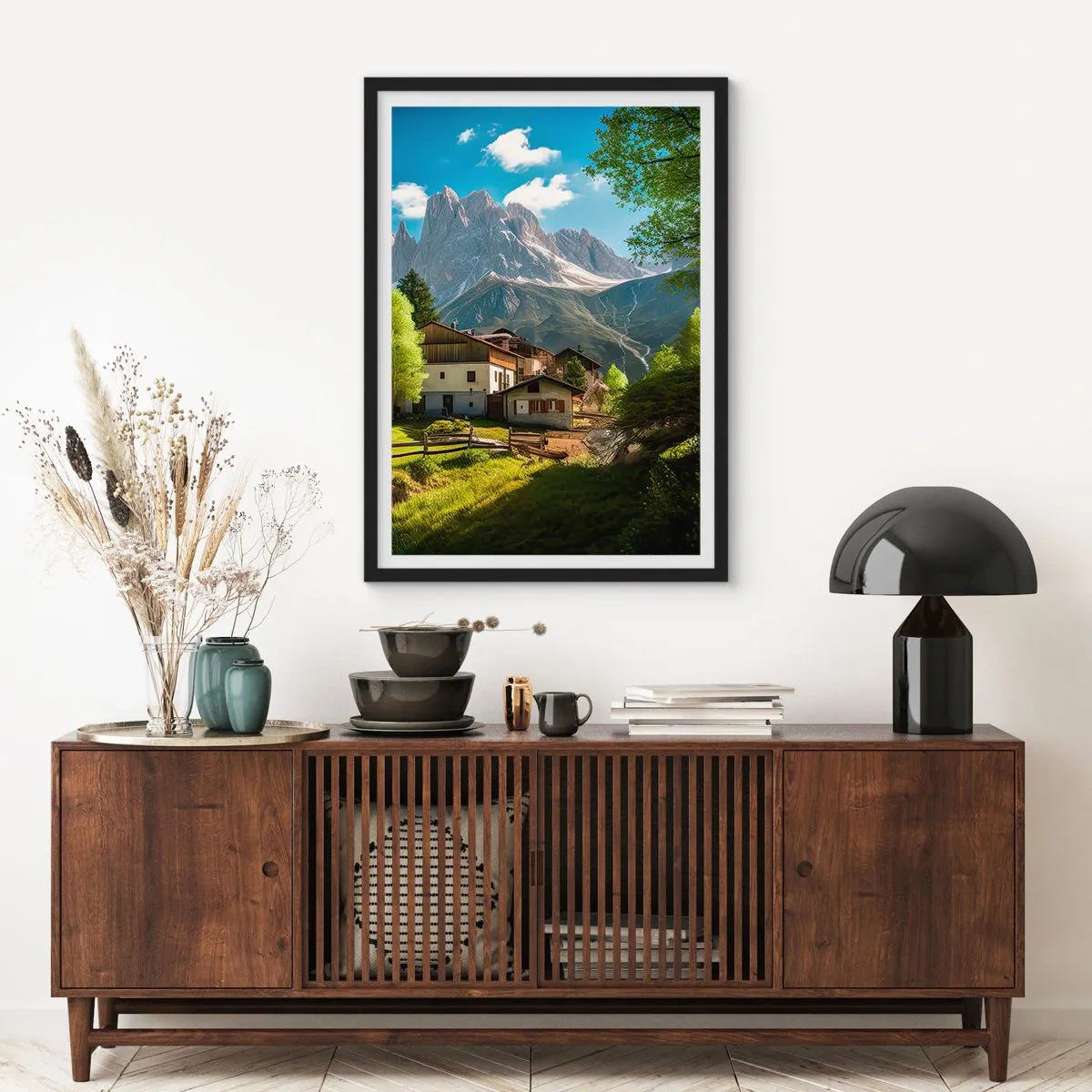 Plakat w czarnej ramie - Górska wioska u podnóża majestatycznych szczytów - 50x70cm - Alpejska sielanka - Nowoczesna dekoracja ścienna do salonu i sypialni ARTTOR