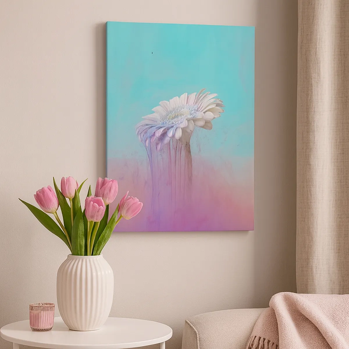 Obraz na płótnie - Biała gerbera na tle turkusowo-różowym - 50x70cm - Zaświaty kwiatów - Nowoczesna dekoracja ścienna do salonu, kuchni i sypialni ARTTOR