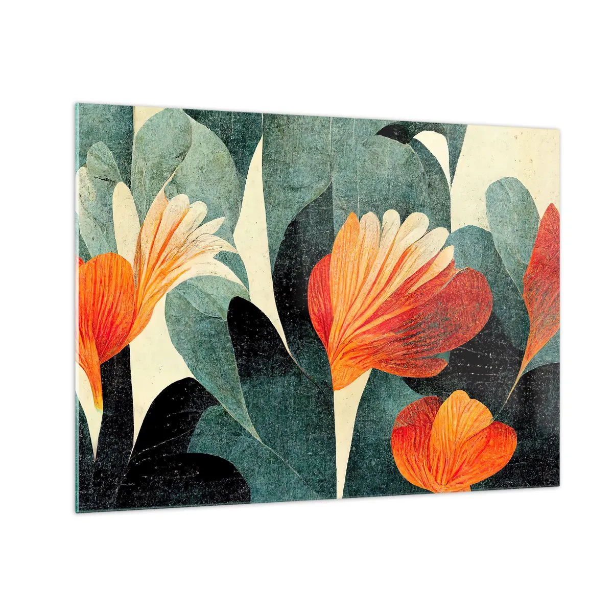 Obraz na szkle - Pomarańczowe kwiaty na tle ciemnozielonych liści - 70x50cm - Żar tropików i chłód zieleni - Nowoczesna dekoracja ścienna do salonu i sypialni ARTTOR