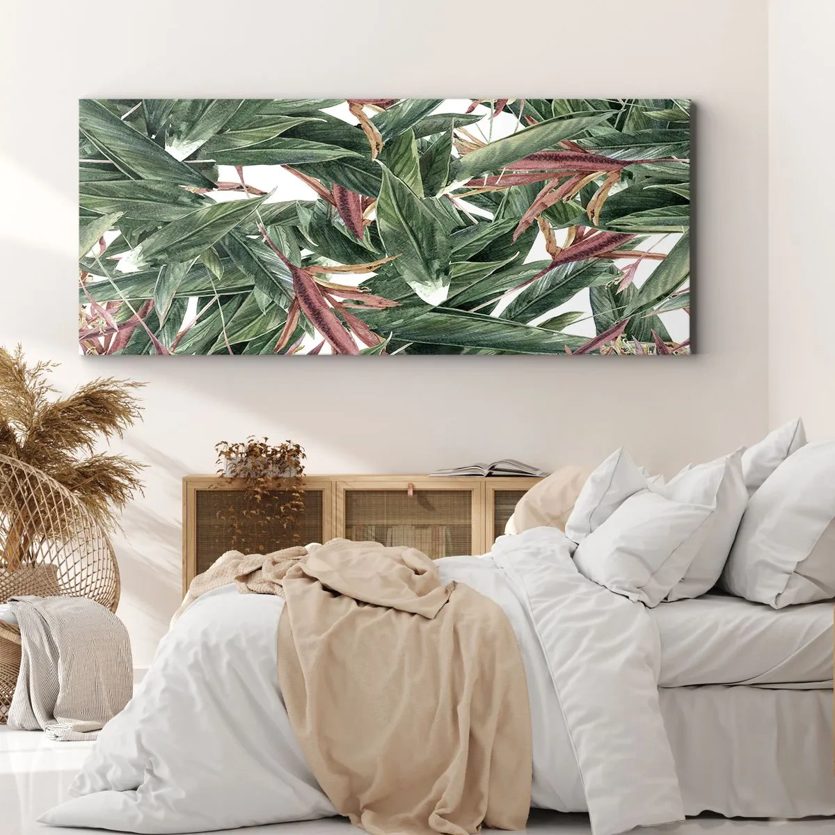 Obraz na płótnie - Dekoracyjny motyw liści w odcieniach zieleni i bordo na jasnym tle - 160x50cm - Szmaragdowo-liliowy gąszcz - Nowoczesna dekoracja ścienna do salonu i sypialni ARTTOR