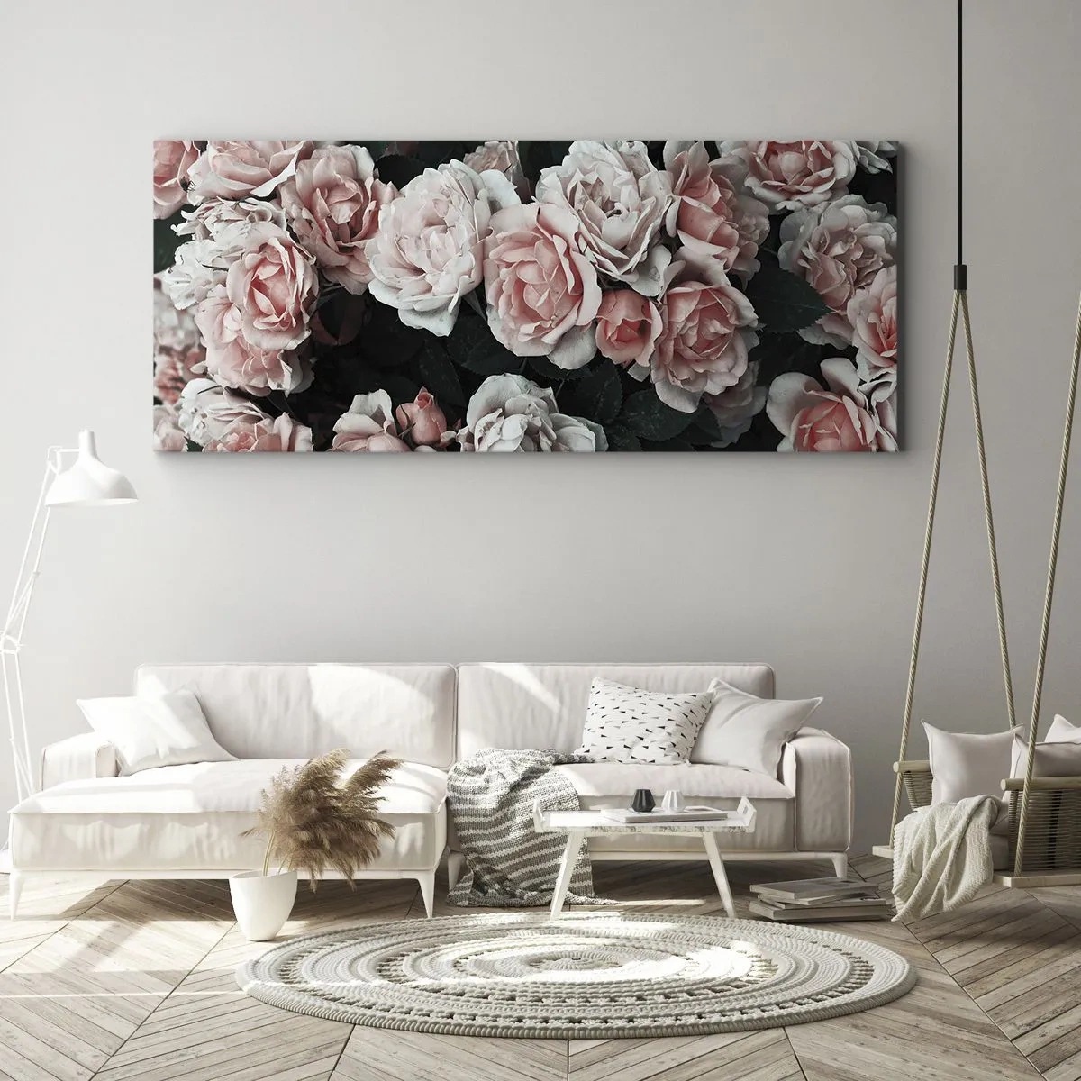 Obraz na płótnie - Różowe róże na ciemnym tle w subtelnej kompozycji - 160x50cm - Różany ansamble - Nowoczesna dekoracja ścienna do salonu i sypialni ARTTOR
