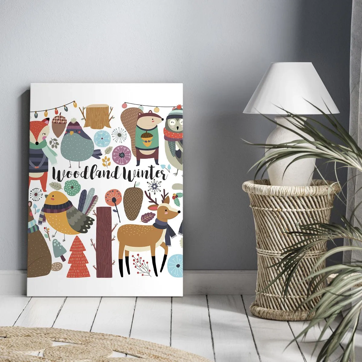 Obraz na płótnie - Zimowy las w bajkowym stylu z uroczymi zwierzętami - 50x70cm - Bajkowe święta w lesie - Nowoczesna dekoracja ścienna do salonu, kuchni i sypialni ARTTOR